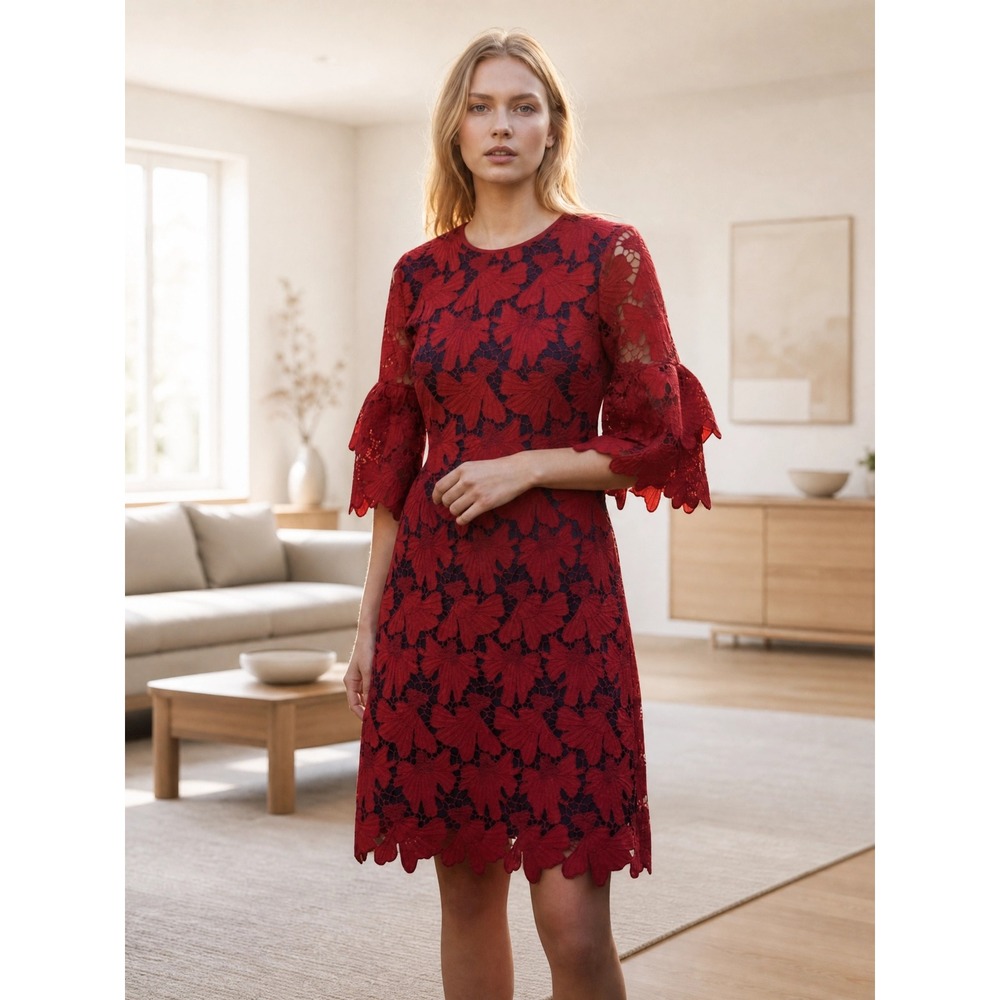 Tory Burch Dress Women 6 Red Guipure Lace Bell Sleeve Mini Floral